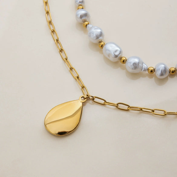 Pendant Necklace Stainless Steel Doublelayer Chain Pearl Splicing Sweet Geometric Drop Shape Electroplating For Women