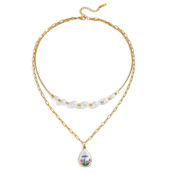 Pendant Necklace Stainless Steel Doublelayer Chain Pearl Splicing Sweet Geometric Drop Shape Electroplating For Women