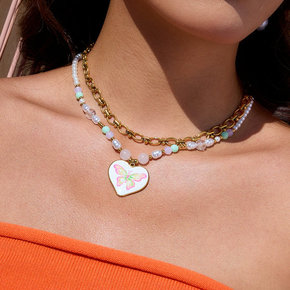 Pendant Necklace Stainless Steel Heart Shape Electroplating Women's String Of Pearls