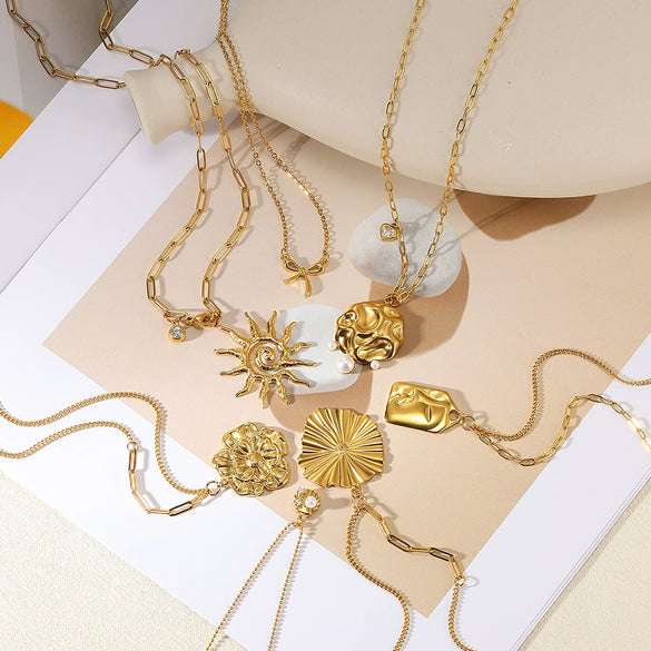 Pendant Necklace Stainless Steel Imitation Pearl Geometric Bow Sunflower Electroplating