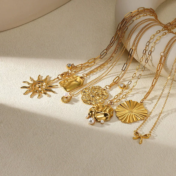 Pendant Necklace Stainless Steel Imitation Pearl Geometric Bow Sunflower Electroplating
