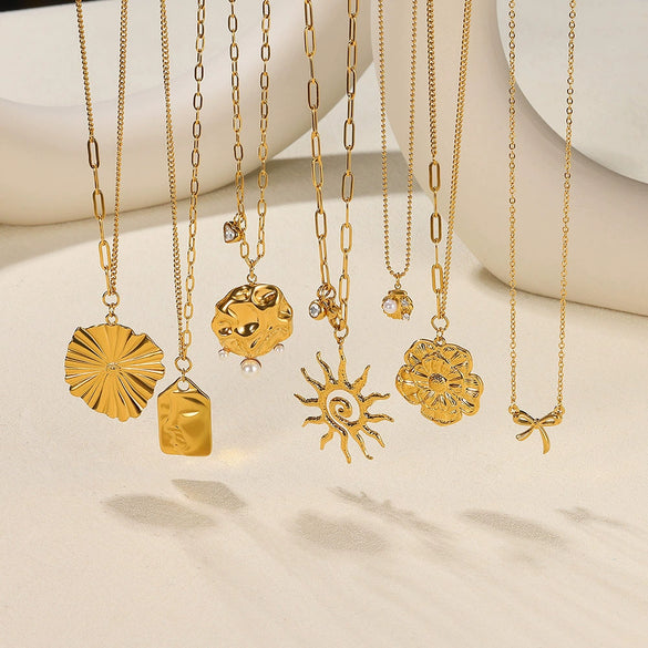 Pendant Necklace Stainless Steel Imitation Pearl Geometric Bow Sunflower Electroplating