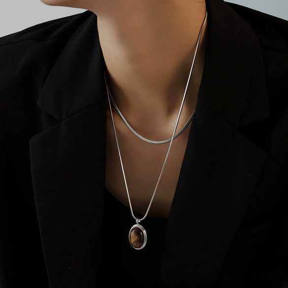 Pendant Necklace 316L Stainless Steel Oval Tiger Eye Stone Light Luxury Maillard Style Electroplating Geometry