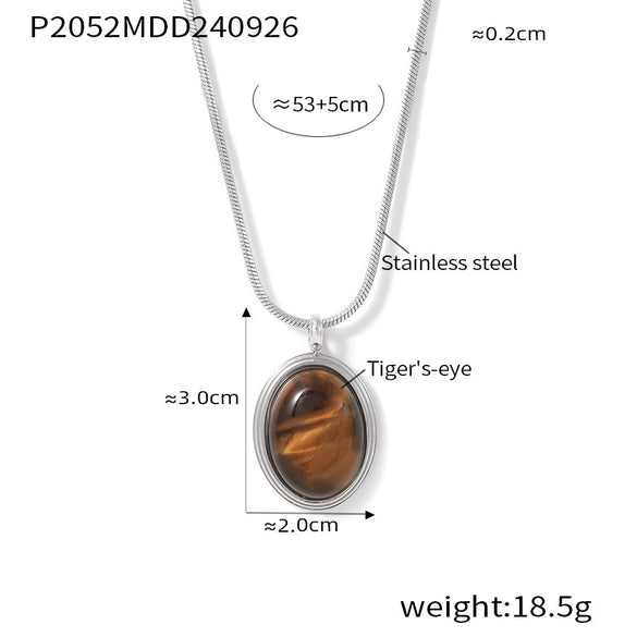 Pendant Necklace 316L Stainless Steel Oval Tiger Eye Stone Light Luxury Maillard Style Electroplating Geometry