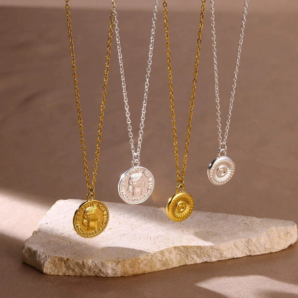 Pendant Necklace Stainless Steel Retro Portrait Three Dimensional Relief Coin Electroplated Unisex
