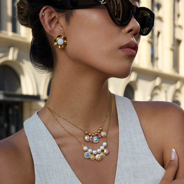 Pendant Necklace Stainless Steel Sunflower Highgloss Pearl Print Electroplated Women's Minimalist