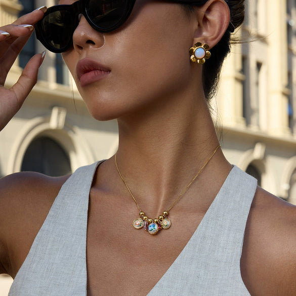 Pendant Necklace Stainless Steel Sunflower Highgloss Pearl Print Electroplated Women's Minimalist