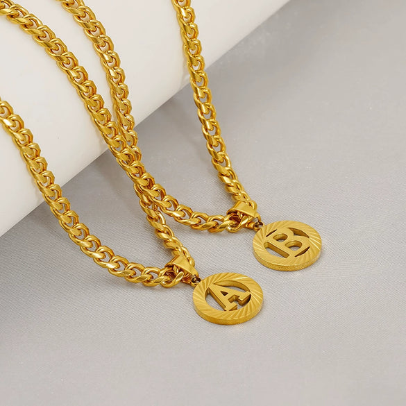 Pendant Necklace Stainless Steel Titanium Steel Cuban Chain Electroplating Round Letters Numbers Text Pattern Unisex