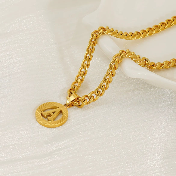 Pendant Necklace Stainless Steel Titanium Steel Cuban Chain Electroplating Round Letters Numbers Text Pattern Unisex