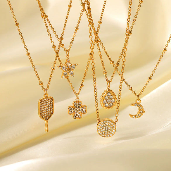 Pendant Necklace Stainless Steel Titanium Steel Diamondencrusted Water Drops Moon Fivepointed Star Fourleaf Clover Geometric Style O Word Chain For Women