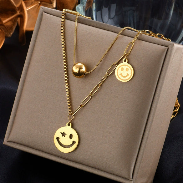Pendant Necklace Stainless Steel Titanium Steel Gold Plated Irregular Chain Love Square Smiley Face Fashion Design