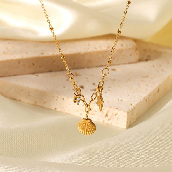 Pendant Necklace Stainless Steel Titanium Steel Starfish Shell Zircon Geometric Electroplating Design For Women