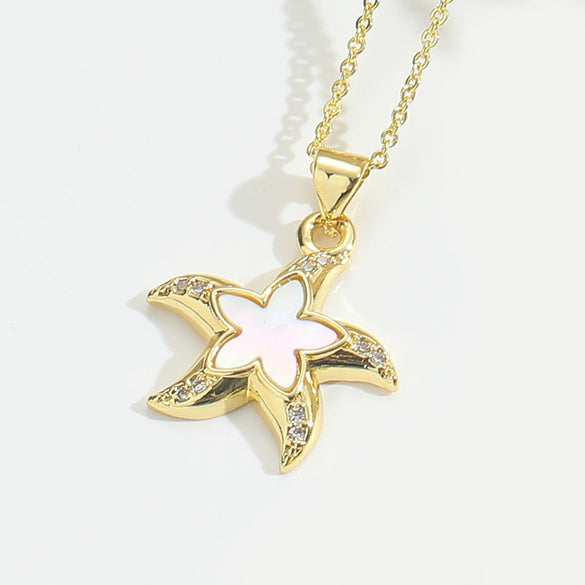 Pendant Necklace Starfish Animal Zodiac Copper Mixed Gemstone Setting Electroplating O Word Chain Design