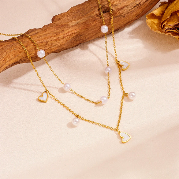 Pendant Necklace Titanium Steel Doublelayer Multiple Pearl Butterfly Love Fiveleaf Flower Geometric Style For Women