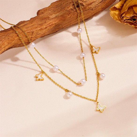 Pendant Necklace Titanium Steel Doublelayer Multiple Pearl Butterfly Love Fiveleaf Flower Geometric Style For Women