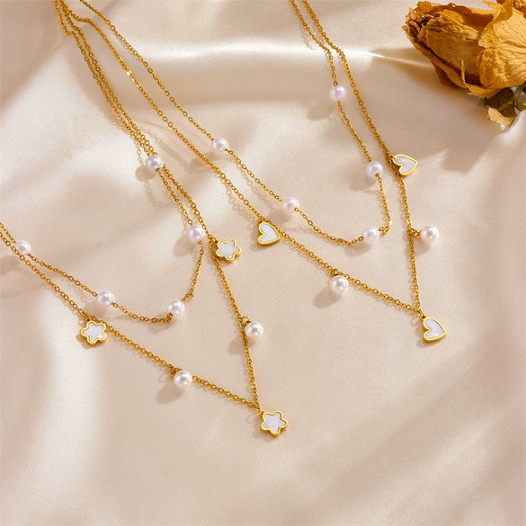 Pendant Necklace Titanium Steel Doublelayer Multiple Pearl Butterfly Love Fiveleaf Flower Geometric Style For Women