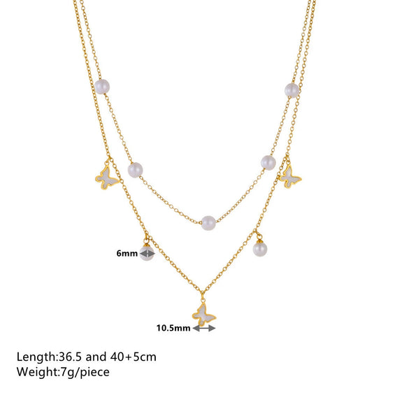 Pendant Necklace Titanium Steel Doublelayer Multiple Pearl Butterfly Love Fiveleaf Flower Geometric Style For Women