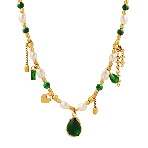 Pendant Necklace 316L Stainless Steel Geometric Electroplating Freshwater Pearl Zircon Jade Turquoise Women's