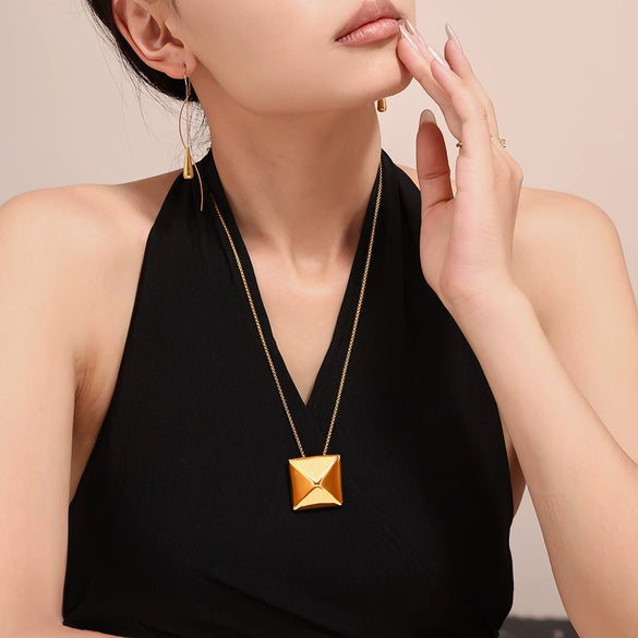 Pendant Necklace Titanium Steel Geometric Square Triangle Hip Hop Style 18K Gold Plated
