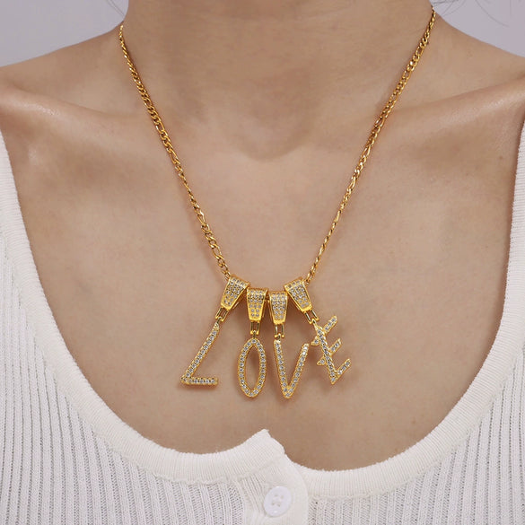 Pendant Necklace Titanium Steel Gold Plated Hip Hop Style With Micro Inlaid Zircon And Letter Pattern