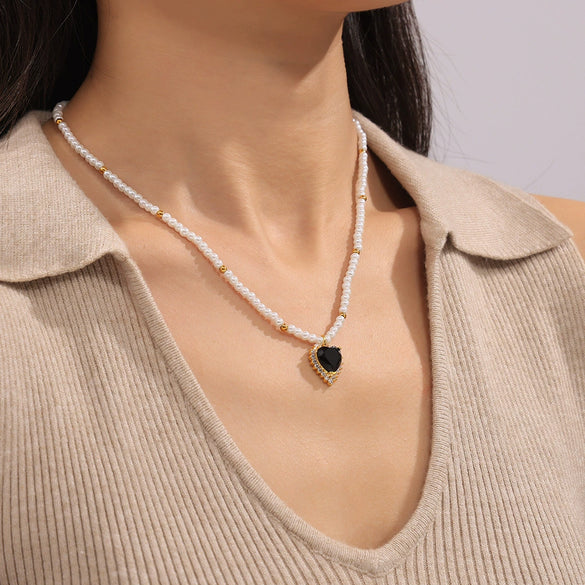 Pendant Necklace 316L Stainless Steel Gold Plated Peach Heart Inlaid Zircon Imitation Pearl Geometric Design