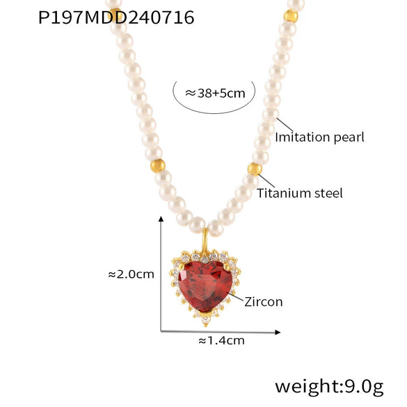 Pendant Necklace 316L Stainless Steel Gold Plated Peach Heart Inlaid Zircon Imitation Pearl Geometric Design
