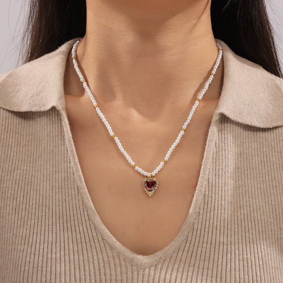 Pendant Necklace 316L Stainless Steel Gold Plated Peach Heart Inlaid Zircon Imitation Pearl Geometric Design