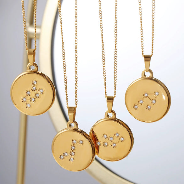 Pendant Necklace 316L Stainless Steel Inlaid Zircon Round Constellation Electroplating For Women