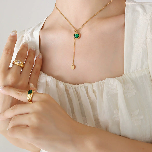 Pendant Necklace 316L Stainless Steel Mixed Gem Inlay Heart Geometric Tassel Adjustable French Lace Red And Green Zircon