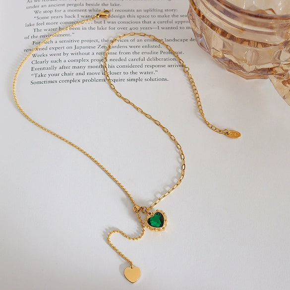 Pendant Necklace 316L Stainless Steel Mixed Gem Inlay Heart Geometric Tassel Adjustable French Lace Red And Green Zircon