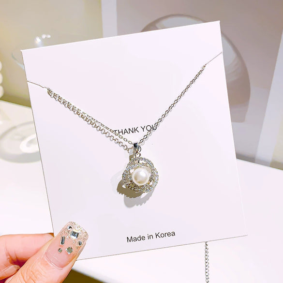 Pendant Necklace Titanium Steel Silver Pearl Diamond Geometric Style For Women