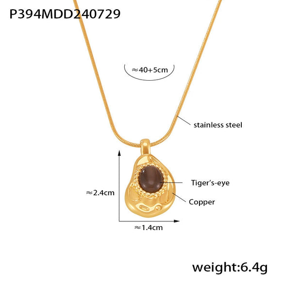 Pendant Necklace Women Copper Tiger Eye Stone 316L Stainless Steel Geometric Style 18K Gold Plated