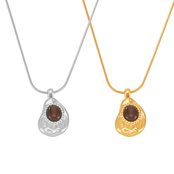 Pendant Necklace Women Copper Tiger Eye Stone 316L Stainless Steel Geometric Style 18K Gold Plated