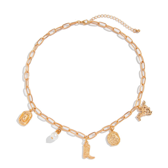 Pendant Necklace Women Iron Chain Alloy Imitation Pearls Geometric Style Electroplating