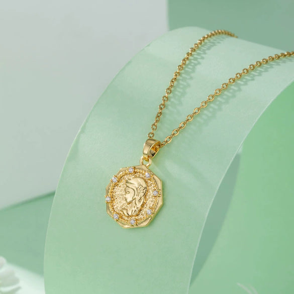 Pendant Necklace Women Princess Avatar Coin Style Copper Plated 18K Gold Titanium Steel With Mixed Gem Inlay And Cartoon Characters Relief Pattern Electroplating