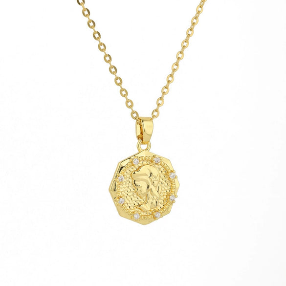 Pendant Necklace Women Princess Avatar Coin Style Copper Plated 18K Gold Titanium Steel With Mixed Gem Inlay And Cartoon Characters Relief Pattern Electroplating