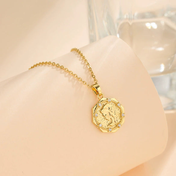 Pendant Necklace Women Princess Avatar Coin Style Copper Plated 18K Gold Titanium Steel With Mixed Gem Inlay And Cartoon Characters Relief Pattern Electroplating