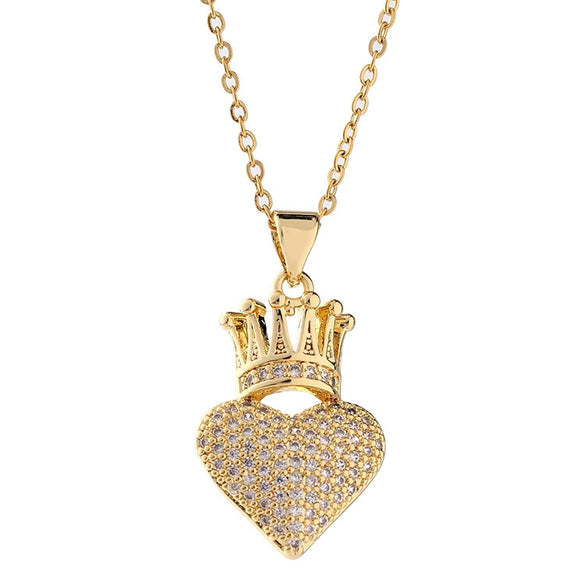 Pendant Necklace Women's Metal Copper Goldplated Love Crown Heart Shape Light Luxury Snake Bone Chain Hiphop Accessories With Diamond Design