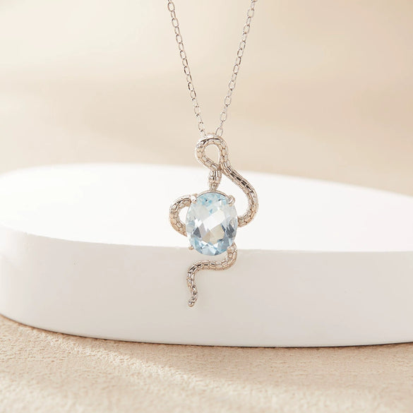 Pendant Necklace Zodiac Snake Natural Colored Topaz Amethyst 925 Sterling Silver Inlaid Animal Pattern