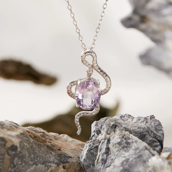 Pendant Necklace Zodiac Snake Natural Colored Topaz Amethyst 925 Sterling Silver Inlaid Animal Pattern