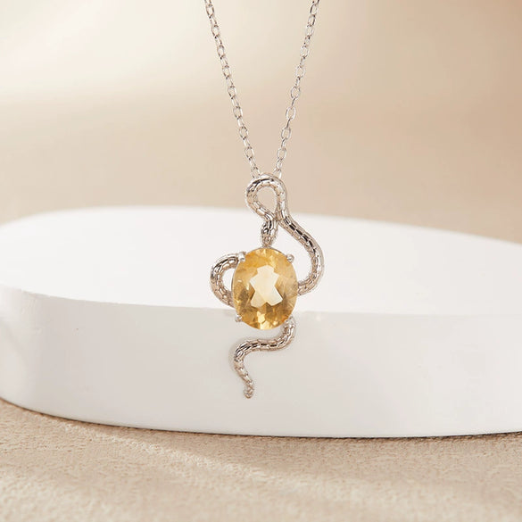 Pendant Necklace Zodiac Snake Natural Colored Topaz Amethyst 925 Sterling Silver Inlaid Animal Pattern