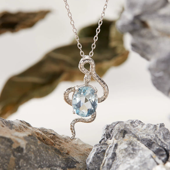Pendant Necklace Zodiac Snake Natural Colored Topaz Amethyst 925 Sterling Silver Inlaid Animal Pattern