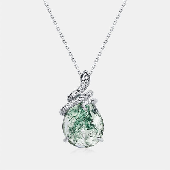 Pendant Snake Coiled Natural Green Moss Stone Agate 925 Silver Geometric Diamond Light Luxury Style