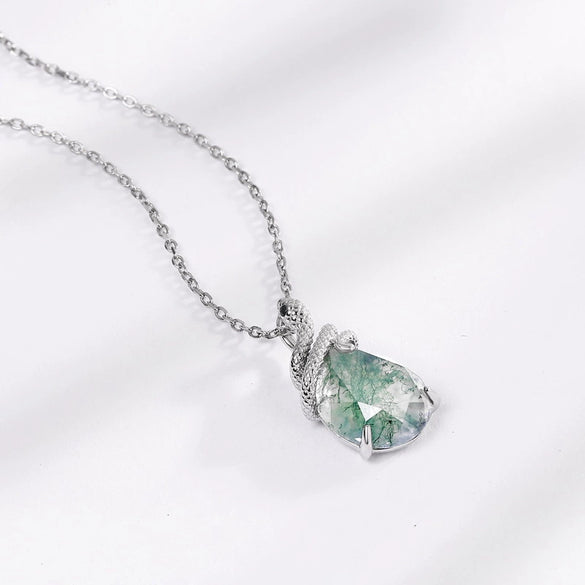 Pendant Snake Coiled Natural Green Moss Stone Agate 925 Silver Geometric Diamond Light Luxury Style