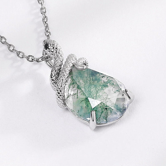 Pendant Snake Coiled Natural Green Moss Stone Agate 925 Silver Geometric Diamond Light Luxury Style