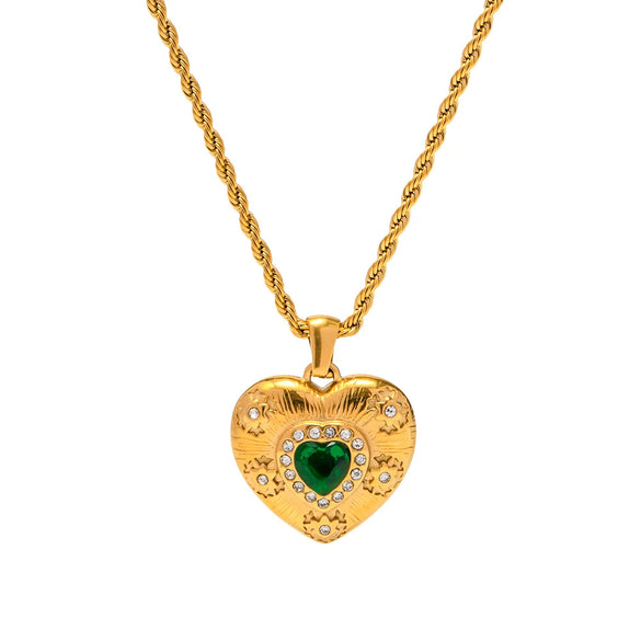 Pendant Stainless Steel Titanium Steel Geometric Love Shaped Electroplated Inlaid Emerald Zircon