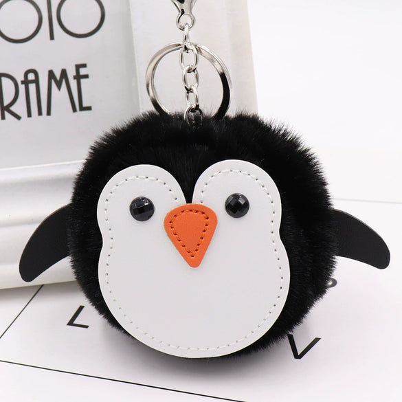 Penguin Plush Pu Leather Fur Ball Keychain Backpack Bag Pendant