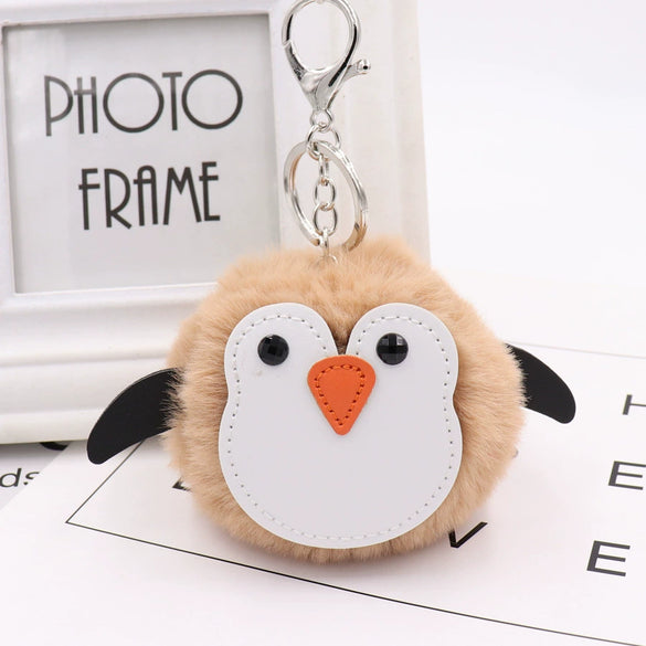 Penguin Plush Pu Leather Fur Ball Keychain Backpack Bag Pendant