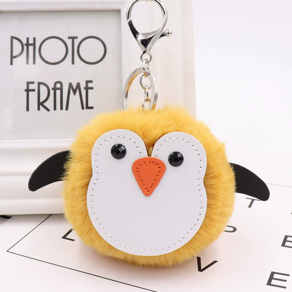 Penguin Plush Pu Leather Fur Ball Keychain Backpack Bag Pendant