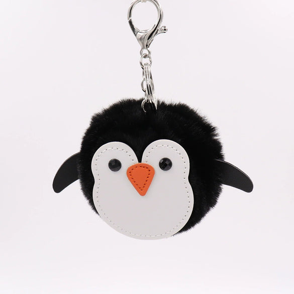 Penguin Plush Pu Leather Fur Ball Keychain Backpack Bag Pendant